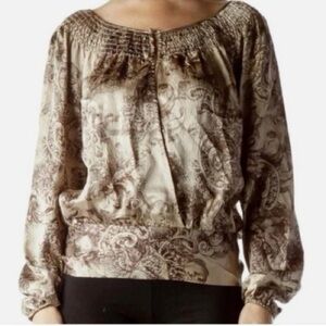 BCBG Max Azria Brown Beige L Baroque Print Long Sleeve Open Back Silk Blouse